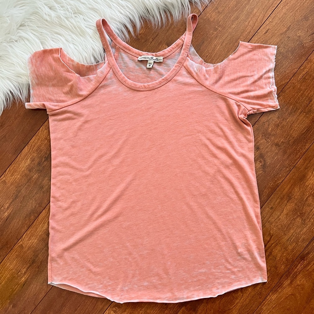 Express One Eleven Cold Shoulder Burnout Wash Peach Short Sleeve Top